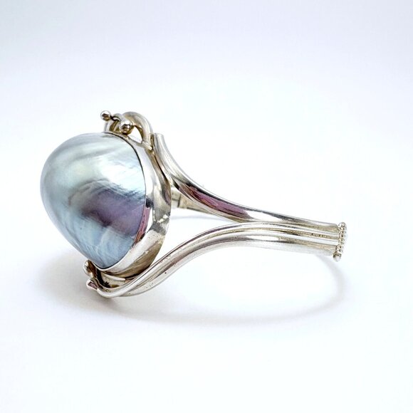 VTG Sterling Silver 925 Large Gray Mobe Pearl Hinged Bangle Bracelet Size L - Picture 3 of 11